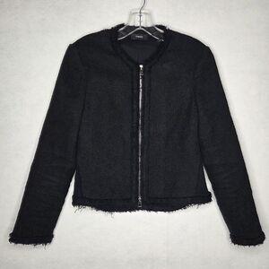 Theory Boucle Flounce Crop Jacket Tweed Top Fitted Fray Trim Black Womens Medium